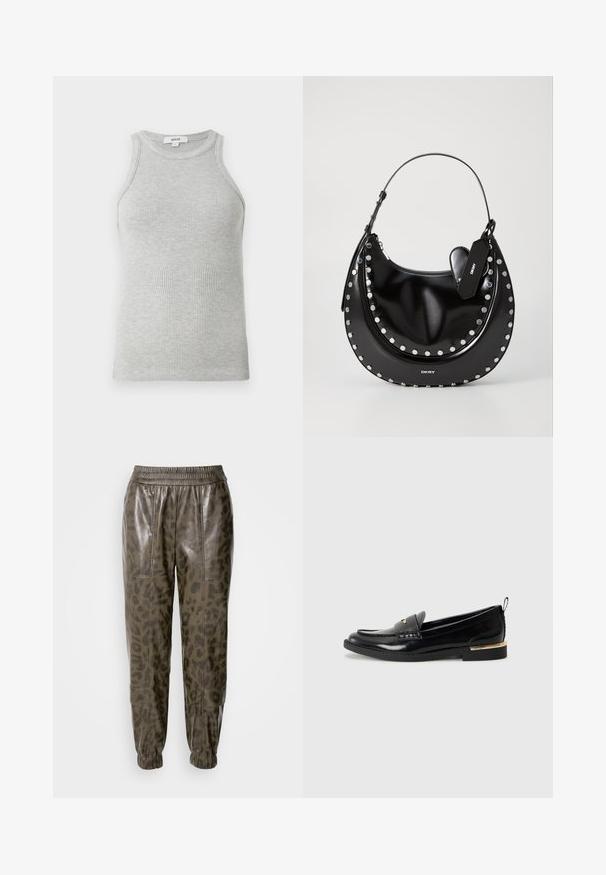 Graues, geripptes Tanktop mit figurschmeichelndem Design, weiten Armausschnitten und runder Ausschnittlinie. Aus weichem Baumwollstoff mit glatter Textur gefertigt.; Olivgrüne Faux-Leder-Joggers mit einem Leopardenmuster, ausgestattet mit einem elastischen Bund und bündchenartigen Knöcheln, glatter Textur und Taschen.; Schwarze Lacklederloafers mit abgerundetem Zehenbereich, einem dekorativen Riemen und einem goldenen Akzent an der Ferse. Glatte Textur mit genähten Details.; Schwarze Handtasche aus lackiertem Leder mit gebogener Form, Nietenverzierungen rund um die Öffnung und einem Reißverschluss. Mit abnehmbarem Anhänger.