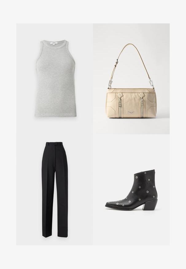 Débardeur gris à côtes avec un design ajusté, des emmanchures larges et une encolure arrondie. Fabriqué en coton doux avec une texture lisse.; Pantalons taille haute noirs avec des plis, dotés d'un design ajusté et de jambes droites. Fabriqués dans un tissu lisse, avec un minimum de détails.; Botte de cheville en cuir noir avec des œillets en argent, bout pointu et talon bloc. Design épuré avec une texture lisse.; Sac à main en cuir beige avec quincaillerie argentée, deux fermetures éclair latérales, design structuré et une bandoulière amovible pour plus de polyvalence.