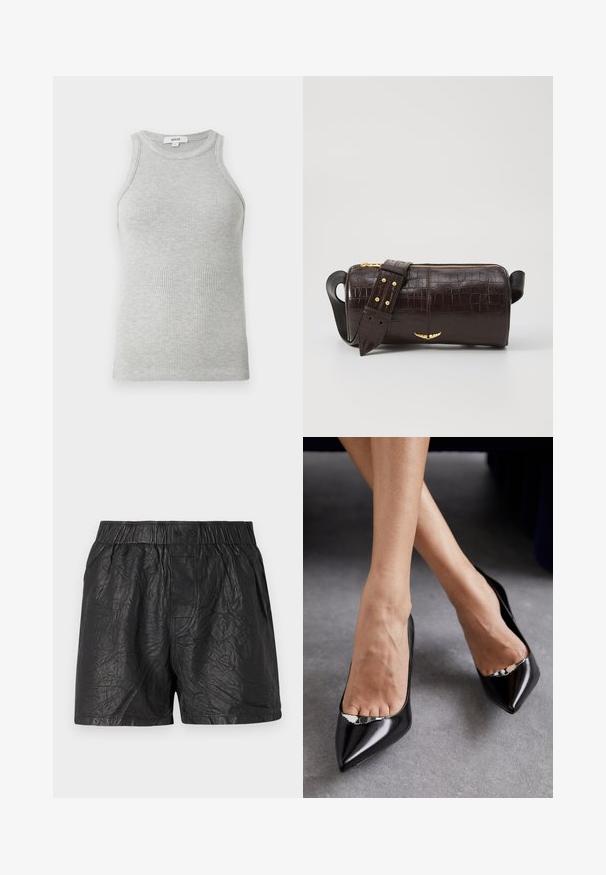 Harmaa ribbattu tankkitoppi, jossa on istuva muotoilu, leveät käsi aukot ja pyöreä kaula-aukko. Valmistettu pehmeästä puuvillakankaasta, jossa on sileä pinta.; Mustat shortsit, jotka on valmistettu ryppypintaisesta materiaalista. Shortseissa on joustava vyötärö, jossa on kaksi nappia, polvenpituinen leikkaus ja sileä pinta.; Musta nahkasaapas, jossa on korkea korko, terävä kärki ja avoin muotoilu, jossa on koristeellinen hopeinen yksityiskohta. Sujuva pinta kiilloitetulla viimeistelyllä.; Ruskea krokotiilinkuosilla varustettu nahkalaukku, jossa on sylinterimäinen muoto, kultasävyiset yksityiskohdat ja irrotettava hihna, jossa on niittejä.