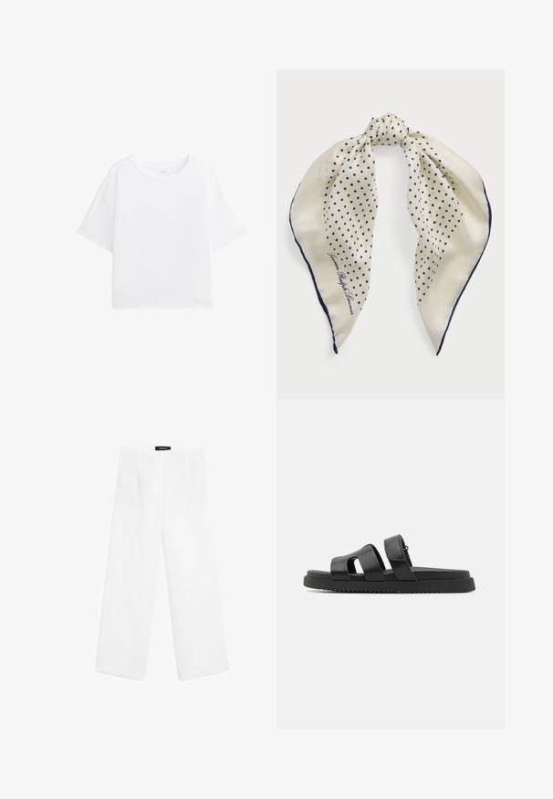 Witte T-shirt met korte mouwen en een ronde hals, gemaakt van zachte stof. Relaxte pasvorm en eenvoudig ontwerp zonder patronen of extra details.; Witte linnen wijde broek met een gladde structuur, voorzien van een medium taille, twee voorzakken en een eenvoudig ontwerp.; Zwarte leren sandalen met twee brede banden, open teen ontwerp en een dikke zwarte rubberen zool met een gestructureerd, geribbeld patroon.; Zijden sjaal met een crèmekleurige achtergrond en marineblauwe stippen, geknoopt in het midden; marineblauwe rand; met de tekst "Lauren Ralph Lauren."; Zwarte geweven tote bag met een ronde bovenkant, zijnaad en twee gevlochten handvatten. Beschikt over een textuurpatroon en een ruime binnenkant.