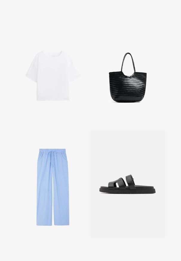Bela kratka majica s kratkimi rokavi in okroglo ovratnikom, narejena iz gladkega blaga. Ohlapen kroj in preprost dizajn brez vzorcev ali dodatnih podrobnosti.; Modre pižamne hlače z navpičnim črtastim vzorcem in malimi geometrijskimi oblikami. Imajo elastični pas z vrvico in stranske žepe.; Črne usnjene sandale z dvema širokima trakovoma, odprto obliko prstov in debelim črnim gumijastim podplatom z teksturiranim, rebrastim vzorcem.; Črna tkaninska torba z okroglim vrhom, stranskimi šivi in dvema pletenima ročajema. Ima teksturiran vzorec in prostorno notranjost.