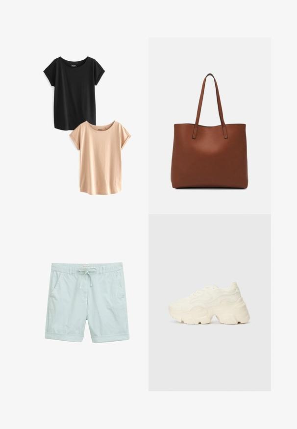 Du dušo trumpomis rankovėmis: vienas juodas, kitas šviesiai smėlio spalvos. Abu turi apvalius iškirpimus ir švelnias, lygias medžiagas, pagamintas iš medvilnės.; Šviesiai mėlynos dryžuotos šortai, pagaminti iš lengvos medžiagos, su raišteliu reguliuojamu juosmeniu, suvertomis apačiomis ir šoniniais kišenėmis.; Masyvios baltos sportbačiai, pagaminti iš tekstūruoto tinklelio ir sintetinių medžiagų, pasižymintys storu padu ir išsamiu raštų detalizavimu šonuose.; Ruda odinė priekabų krepšys su glotnia tekstūra, atviru viršumi ir dviem petnešomis. Su minimalia siuvimo detalėmis ir nematoma aparatūra.