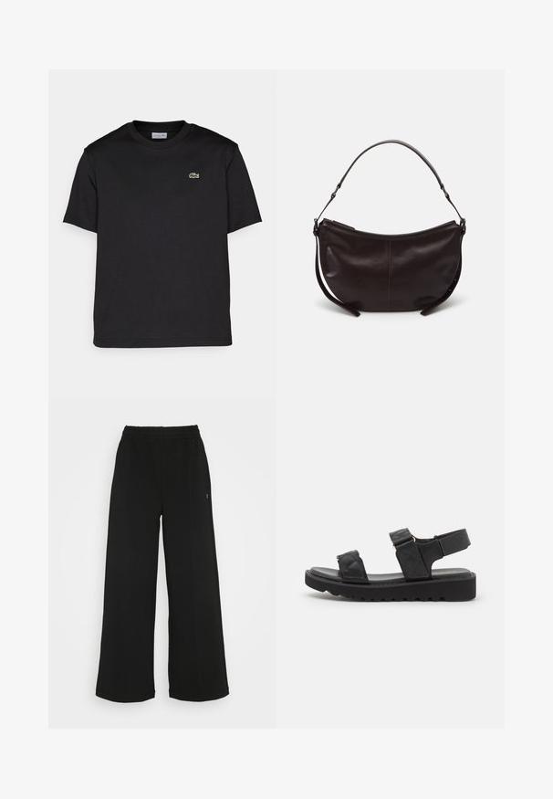 Zwart katoenen t-shirt met een ronde halslijn, korte mouwen en een klein groen geborduurd logo op de linkerborst. Eenvoudig ontwerp.; Zwarte wijde broek met een elastische tailleband. Gemaakt van een zachte, lichte stof. Heeft verticale naden aan de voorkant.; Zwarte platform sandalen met geblokte banden, open teen en verstelbare enkelband. Getextureerde rubberen zool met zigzagpatroon voor grip.; Donkerbruine leren schoudertas met een gebogen vorm, gladde textuur en een enkele verstelbare strap. Voorzien van een ritsluiting.