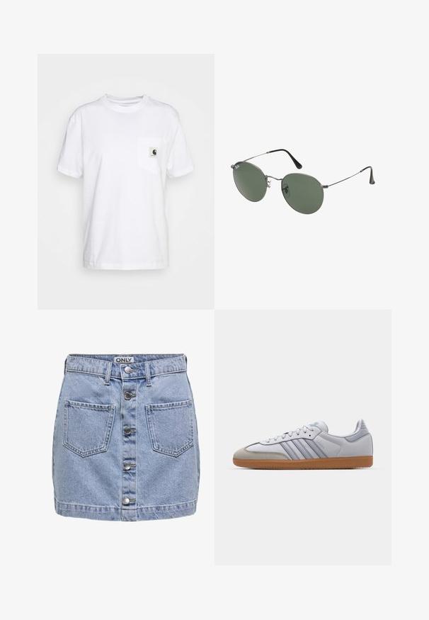 Valkoinen puuvillapaita lyhyillä hihoilla, pyöreällä kaula-aukolla ja vasemmalla rinnalla taskulla, jossa on mustavalkoinen logotunnus.; Vaaleansininen farkkuhame, jossa on viisi etupainiketta, kaksi läpällistä taskua ja hieman kulunut pinta. Tagi lukee "ONLY."; Valkoiset nahkakengät, joissa on vaaleansinisiä yksityiskohtia, harmaa mokkanahkainen varvas ja ruskea kumipohja. Sisältää kolme sinistä raitaa ja "Samba" -merkinnän.; Aurinkolasit metallikehyksillä, joissa on soikeat vihreät linssit. Ohut hopeinen metallikehys ja mustat korvapehmusteet. Minimalistinen muotoilu, ei näkyviä logoja.