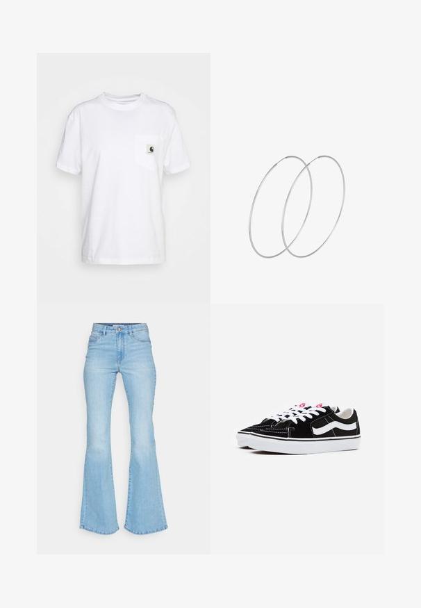 Valge puuvillane T-särk lühikesed varrukad, ümmargune kaelus ja vasakul rinnatasku, millel on must-valge logo silt.; Heledad sinine flared teksapüksid, mis on valmistatud denimist, sisaldavad kõrget vööd, esikotte ja puhta viimistluse ääri koos nähtava õmblusega.; Mustad nubukist sneakerid valgete paeltega, millel on silmapaistev valge küljeriba ja must kummist tallaga, esitledes kontrastsete õmbluste detaile.; Hõbedased rõngastikkaehingad minimalistlikus disainis. Ümar kuju, sile tekstuur ja õhuke profiil. Kerged ning poleeritud viimistlusega.