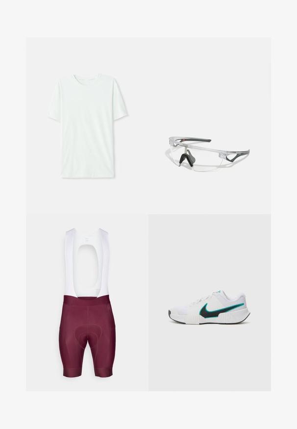 Svijetlo mint zelena majica kratkih rukava izrađena od mekog materijala. Ima okrugli vrat i jednostavan, ravni kroj bez ukrasa.; Bib šorts izrađeni od rastezljive tkanine, u bordo boji s gornjim dijelom bijele boje i istaknutom jastučićem za udobnost.; Bijela atletska cipela s teksturiranim mrežastim gornjim dijelom, crnim gumiranim potplatom i akcentom u boji tirkizne na Nike swoosh oznaci. Ima vezice i podstavljeni ovratnik.; Prozirne zaštitne naočale s laganim, prozirnim okvirom i sivim detaljima. Imaju dizajn koji obuhvaća lice i podešavanje nosa.