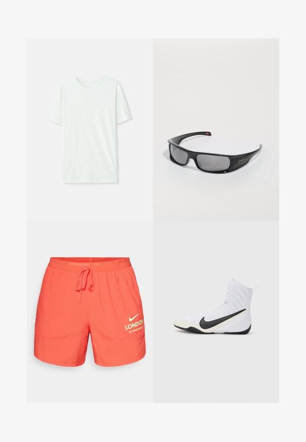 Heleheline mintroheline lühikeste varrukatega t-särk, mis on valmistatud pehmest kangast. Omab ümmargust kaelust ja lihtsat, sirget lõiget ilma kaunistusteta.; Nike jooksulühikesed, erks coral värv, kerge materjal, elastne vöökoht koos nööriga, omadused "LONDON" ja maratoni distants printitud.; Nike sportlik kingad valges värvuses musta sisselõikega. Omab kõrget disaini, tekstureeritud ülemist osa ja vastupidavat kummist välistalla.; Mustad mustad Oakley päikeseprillid tumedate ristkülikuliste läätsedega ja kaarjate kätega valgel taustal.