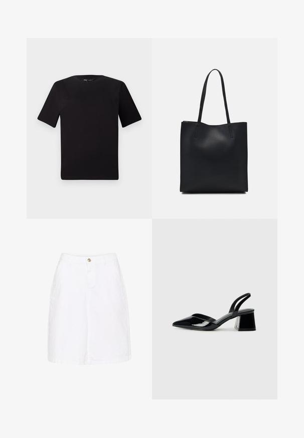 Sort kortærmet t-shirt med rund halsudskæring, lavet af blødt bomuldsstof. Enkel design, ingen synlige logoer eller mønstre.; Hvid denim nederdel i bomuld med knaplukning foran, sidelommer og lige silhuet, som har en subtil tekstureret finish.; Sorte patentlæder slingback hæle med spids tå og en geometrisk blok hæl. Har et elegant, minimalistisk design og en glat tekstur.; Sort læder tote taske med glat tekstur, rektangulær form og to lange hanke. Ingen synlig hardware eller udsmykninger.