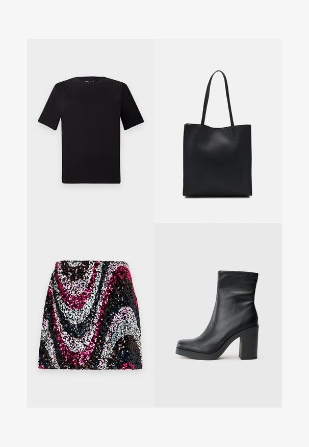 Schwarzes T-Shirt mit kurzen Ärmeln und Rundhalsausschnitt, aus weichem Baumwollmaterial gefertigt. Schlichtes Design, keine sichtbaren Logos oder Muster.; ONLY ONLSOFIE SKIRT - Minirock - black/pink; Schwarze Lederknöchelstiefel mit hohem Blockabsatz, glatter Textur, enganliegendem Design und genähten Details am oberen Rand.; Schwarze Laptoptasche aus Leder mit glatter Textur, rechteckiger Form und zwei langen Griffen. Keine sichtbaren Beschläge oder Verzierungen.