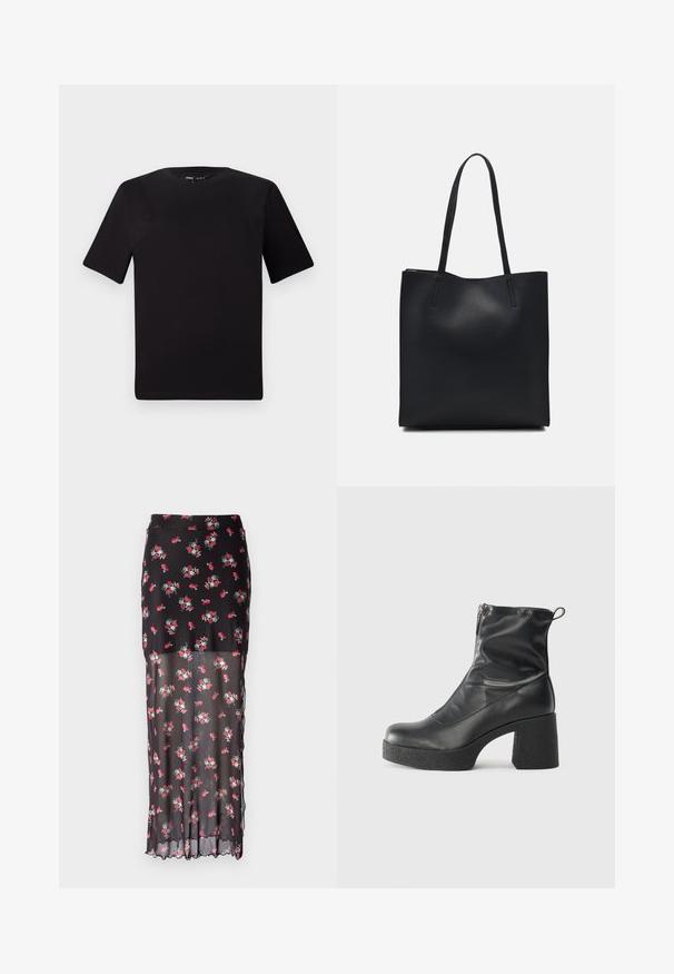 Μαύρο κοντομάνικο μπλουζάκι με στρογγυλή λαιμόκοψη, κατασκευασμένο από απαλό βαμβακερό ύφασμα. Απλός σχεδιασμός, χωρίς ορατά λογότυπα ή μοτίβα.; Μαύρη φλοράλ μάξι φούστα με διάφανη στρώση, που διαθέτει μοτίβα ρόδων σε κόκκινο και πράσινο, εφαρμοστό μέσης και οδοντωτή βάση.; Μαύρες μποτές μέχρι τον αστράγαλο από λείο δέρμα, με πλευρικό φερμουάρ, χοντρό υφασμάτινο τακούνι και στρογγυλή μύτη.; Μαύρη δερμάτινη τσάντα tote με λείο υφή, ορθογώνιο σχήμα και δύο μακριές λαβές. Χωρίς ορατό υλικό ή διακοσμητικά στοιχεία.