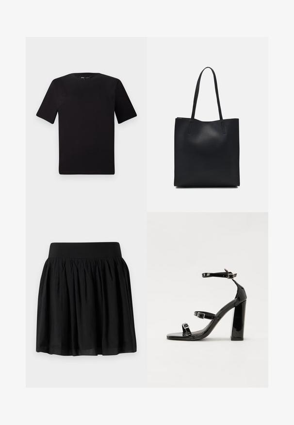 Tricou scurt negru cu mânecă scurtă și guler rotund, realizat dintr-un material de bumbac moale. Design simplu, fără logo-uri sau modele vizibile.; Fustă din țesătură neagră, cu un talie largă, design plisat și formă evazată. Textura pare netedă, cu un finisaj ușor.; Sandale cu toc din patent negru, cu vârf pătrat, curele la gleznă și catarame din argint. Dispune de un toc gros pentru stabilitate.; Geantă tote neagră din piele, cu textură netedă, formă rectangulară și două mânere lungi. Fără hardware vizibil sau ornamente.