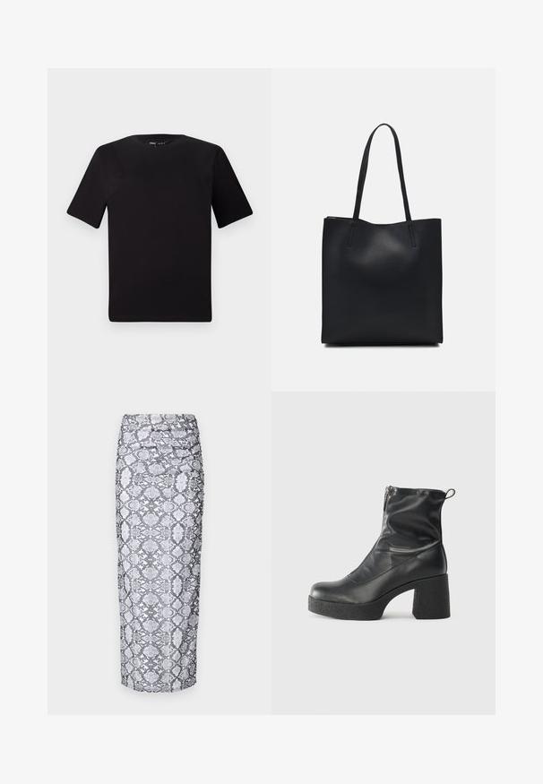 Czarna koszulka z krótkim rękawem o okrągłym dekolcie, wykonana z miękkiej bawełny. Prosty design, bez widocznych logo ani wzorów.; Czarna i biała spódnica midi, charakteryzująca się dopasowanym krojem i marszczoną teksturą po bokach. Gładkie wykończenie materiału.; Czarne botki za kostkę wykonane z gładkiej skóry, wyposażone w boczny zamek błyskawiczny, masywny teksturowany obcas oraz zaokrąglony czubek.; Czarna skórzana torba tote o gładkiej fakturze, prostokątnym kształcie i dwóch długich uchwytach. Brak widocznych elementów metalowych i ozdób.