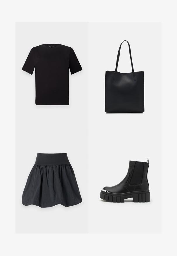 Crna majica kratkih rukava s okruglim izrezom, izrađena od mekane pamučne tkanine. Jednostavan dizajn, bez vidljivih logotipa ili uzoraka.; Crna suknja s elastičnim pojasom napravljena od lagane, naborane tkanine. Karakterizira je prošireni kroj i nabrani dezen koji dodaje volumen.; Crne gležnjače od glatke kože s elastičnim panelima, debelim platformskim potplatom i metalnim vrhom.; Crna kožna torba za nošenje s glatkom teksturom, pravokutnim oblikom i dvije duge ručke. Nema vidljivih metalnih dijelova ili ukrasa.