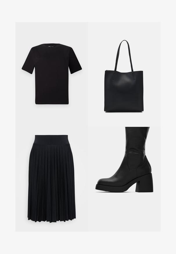 Fekete, rövid ujjú póló, kerek nyakkal, puha pamutból készült. Egyszerű dizájn, nincs látható logó vagy minta.; Fekete, redőzött szoknya széles derékrésszel, puha anyagból készült. Függőleges redők jellemzik, amelyek fokozzák a textúrát és a hullámzást.; Fekete bőrből készült, középig érő csizma vastag tömbsarokkal és kerek orral, oldalsó profilban, fehér háttér előtt.; Fekete bőrtáska sima felszínnel, téglalap alakú, két hosszú füllel. Nincs látható fémkiegészítő vagy díszítés.