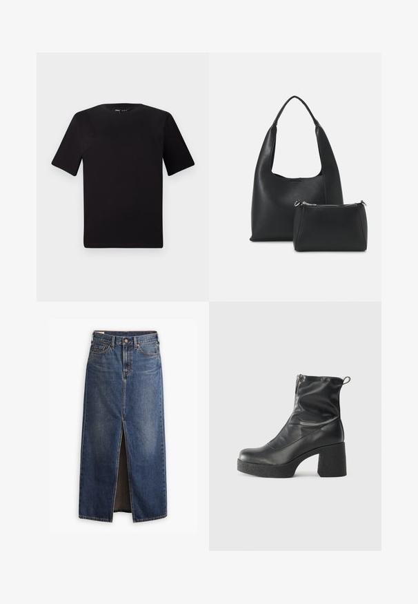 T-shirt noir à manches courtes avec un col rond, fabriqué en coton doux. Design simple, sans logos ni motifs visibles.; Levi's® ANKLE COLUMN SKIRT - Jupe longue - wave hello; Bottes noires à la cheville en cuir lisse, dotées d'une fermeture éclair sur le côté, d'un talon épais texturé et d'une conception à bout rond.; Even&Odd Sac à main - black