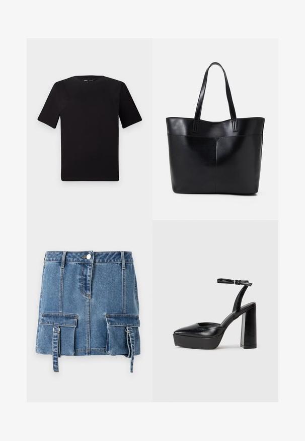 Čierne tričko s krátkym rukávom a okrúhlym výstrihom, vyrobené z mäkkej bavlny. Jednoduchý dizajn, bez viditeľných log alebo vzorov.; Denim mini sukňa vo svetlom modrom odtieni, s vysokým pásom, predným zapínaním na gombíky a dvoma prednými vreckami s nastaviteľnými popruhmi.; Čierne platformové podpätky so špicatou špičkou a nastaviteľným členkovým remienkom. Vyrobené z hladkej kože a so robustným blokovým podpätkom.; Čierna kožená tote taška s dvoma dlhými rúčkami, hladkým povrchom a štruktúrovaným tvarom. Obsahuje prednú kapsu pre dodatočné uskladnenie.