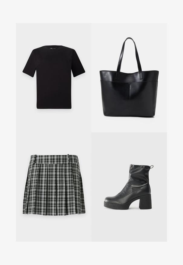 Musta lyhythihainen t-paita pyöreällä kaula-aukolla, valmistettu pehmeästä puuvillakankaasta. Yksinkertainen malli, ei näkyviä logoja tai kuvioita.; Mustavalkoinen ruudullinen liehukehame, jossa on sileä vyötäröosa ja useita pystysuoria poimuja. Valmistettu kevyestä kankaasta.; Mustat nilkkurit, jotka on valmistettu sileästä nahasta. Niissä on sivuvetoketju, paksu teksturoitu korko ja pyöristetty kärki.; Musta nahkainen kassi, jossa on kaksi pitkää kahvaa, sileä pinta ja jämäkkä muoto. Sisältää etutaskun lisävarastointia varten.