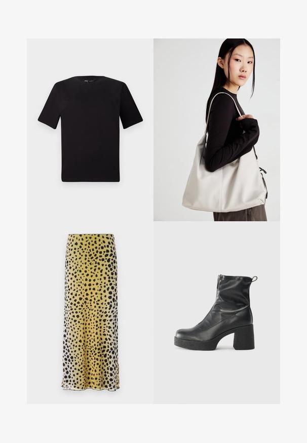 Must olema lühikeste varrukatega must t-särk ümmarguse kaelusega, valmistatud pehmest puuvillast kangast. Lihtne disain, ilma nähtavate logode või mustriteta.; Kollase ja mustade täppidega midi seelik, mis on valmistatud kergest kangast, omades siledat tekstuuri ja sirget lõiget äärega.; Mustad mustad ansapüksid, mis on valmistatud siledast nahast, külje zipperiga, paksu tekstuuriga kontsaga ja ümmarguse nina disainiga.; Bež käekott pehme materjali, millel on lõtv disain, õmblustega detailid ja kaks õlarihma. Sobib igapäevaseks kasutamiseks.