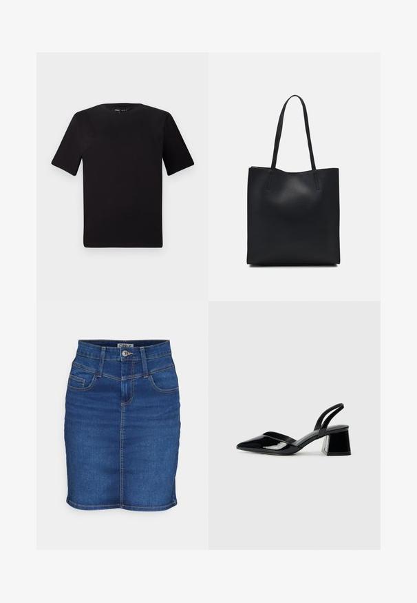 Juodas trumpas rankovės marškinėlis su apvaliu iškirpimu, pagamintas iš minkštos medvilnės medžiagos. Paprastas dizainas, be matomų logotipų ar raštų.; Tamsiai mėlynas džinsinis sijonas su prigludusia forma. Suprojektuotas su penkiomis kišenėmis, mygtukų uždarymu ir kontrastinga siuvimo linija palei siūles.; Juodos lakuotos odinės šlepetės su smailiu pirštu ir geometriniu bloko kulnu. Turi elegantišką, minimalistinį dizainą ir lygų paviršių.; Juodas odinis tote krepšys su lygia tekstūra, stačiakampio formos ir dviem ilgais rankenomis. Matomų metalinių detalių ar puošybos nėra.