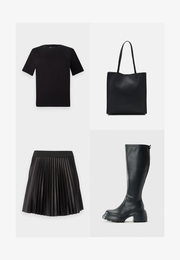 T-shirt preta de mangas curtas com decote redondo, feita de tecido de algodão suave. Design simples, sem logótipos ou padrões visíveis.; Saia plissada preta com uma cintura larga e elástica e uma textura suave e brilhante por todo o tecido.; Bota preta de couro alta com sola de plataforma robusta e salto bloco, apresentando puxador e padrão texturizado na sola.; Bolsa tote preta em couro com textura lisa, forma retangular e duas alças longas. Sem hardware ou enfeites visíveis.