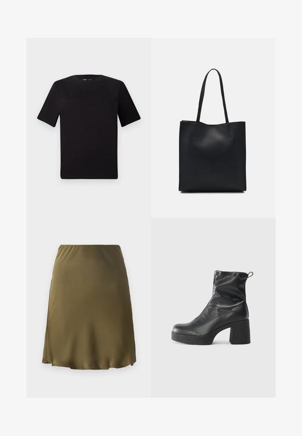 Melnas īsām piedurknēm T-krekls ar apaļu kakla izgriezumu, izgatavots no mīksta kokvilnas auduma. Vienkāršs dizains, bez redzamām logo vai rakstiem.; Olīvu zaļa satīna svārku ar elastīgu jostu, izplestu dizainu un sānu šķēlumu. Gluda tekstūra un ceļa garuma griezums.; Melni potītes zābaki, kas izgatavoti no gludas ādas, ar sānu rāvējslēdzēju, masīvu strukturētu papēdi un noapaļotu purngalu.; Melnas ādas somiņa ar gludu tekstūru, taisnstūra formu un divām garām rokturiem. Nav redzamu aparatūras vai rotājumu.