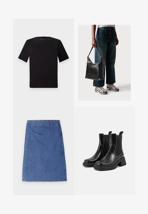 Svart t-skjorte med korte ermer og rund hals, laget av mykt bomullsstoff. Enkelt design, ingen synlige logoer eller mønstre.; Demi-skjørt i mellomblått, med en tilpasset midje og rett snitt. Har en jevn tekstur og enkel kant.; Sorte lær Chelsea støvler med en kraftig hæl, elastiske sidepaneler og kontrasterende hvid syning. Teksturert overflate.; Sort skinnveske med en glatt tekstur og justerbar stropp, kombinert med falmede vide jeans og atletiske sneakers.