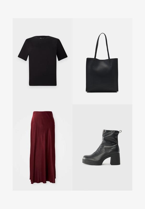Musta lyhythihainen t-paita pyöreällä kaula-aukolla, valmistettu pehmeästä puuvillakankaasta. Yksinkertainen malli, ei näkyviä logoja tai kuvioita.; Burgundin, pitkä maksihame, joka on valmistettu sileästä, kevyestä materiaalista, jossa on hieman kiiltoa. Sisältää istuvan vyötärön ja virtaavan muotoilun.; Mustat nilkkurit, jotka on valmistettu sileästä nahasta. Niissä on sivuvetoketju, paksu teksturoitu korko ja pyöristetty kärki.; Mustapahkainen kangaskassi, jossa on sileä pinta, suorakaiteen muotoinen ja kaksi pitkää kahvaa. Ei näkyvää metalliosaa tai koristeita.