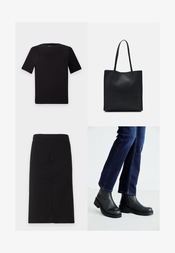 T-shirt preta de mangas curtas com decote redondo, feita de tecido de algodão suave. Design simples, sem logótipos ou padrões visíveis.; Saias lápis pretas até ao joelho, feitas de um tecido macio, com uma cintura lisa e uma silhueta reta sem embelimentos visíveis.; Botas de tornozelo de couro preto com sola grossa e painéis elásticos laterais, combinadas com jeans azul escuro. O chão é de cor clara.; Bolsa tote preta em couro com textura lisa, forma retangular e duas alças longas. Sem hardware ou enfeites visíveis.