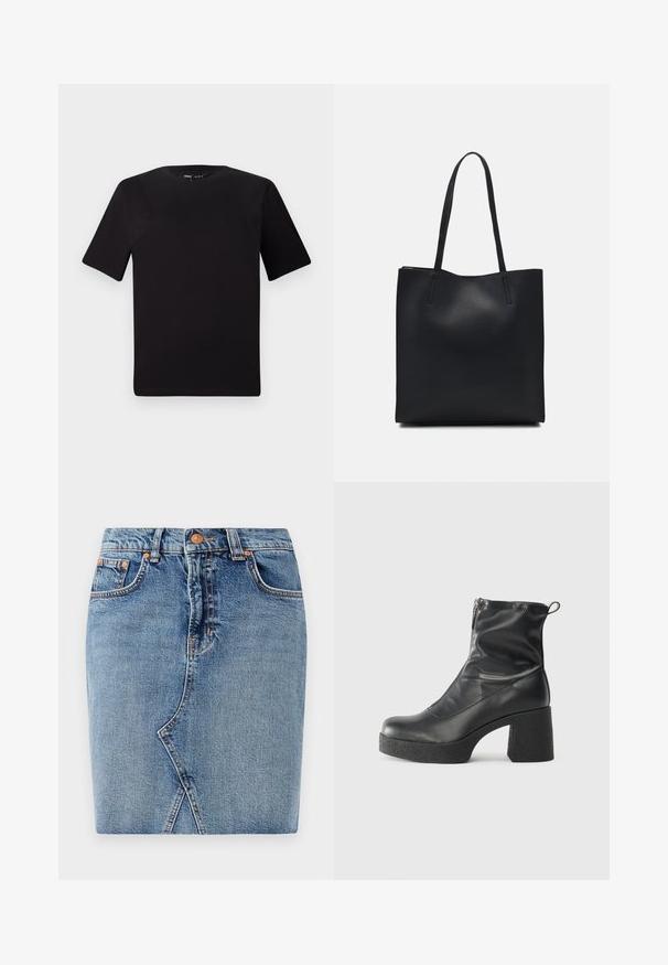 T-shirt preta de mangas curtas com decote redondo, feita de tecido de algodão suave. Design simples, sem logótipos ou padrões visíveis.; Saia de ganga em azul médio, com um design ajustado, bolsos frontais e um detalhe de costura diagonal. Cintura clássica com fecho de botão metálico.; Botas de tornozelo pretas feitas de couro liso, com fecho lateral, salto grosso texturizado e design de bico arredondado.; Bolsa tote preta em couro com textura lisa, forma retangular e duas alças longas. Sem hardware ou enfeites visíveis.