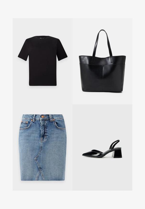 T-shirt preta de mangas curtas com decote redondo, feita de tecido de algodão suave. Design simples, sem logótipos ou padrões visíveis.; Saia de ganga em azul médio, com um design ajustado, bolsos frontais e um detalhe de costura diagonal. Cintura clássica com fecho de botão metálico.; Sandy em verniz preto com salto slingback, ponta afilada e salto geométrico. Apresenta um design elegante e minimalista com textura suave.; Bolsa tote preta em couro com duas alças longas, textura suave e forma estruturada. Apresenta um bolso frontal para armazenamento adicional.