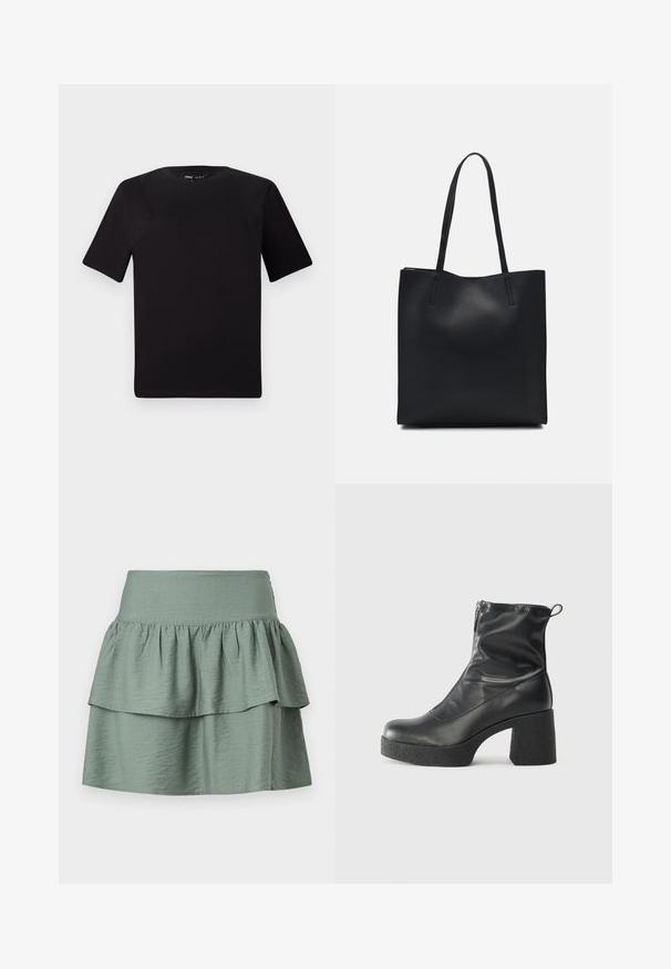 T-shirt preta de mangas curtas com decote redondo, feita de tecido de algodão suave. Design simples, sem logótipos ou padrões visíveis.; Saia verde suave com um design em camadas e bainha com babados, feita de tecido leve, com um cós elástico para maior conforto.; Botas de tornozelo pretas feitas de couro liso, com fecho lateral, salto grosso texturizado e design de bico arredondado.; Bolsa tote preta em couro com textura lisa, forma retangular e duas alças longas. Sem hardware ou enfeites visíveis.