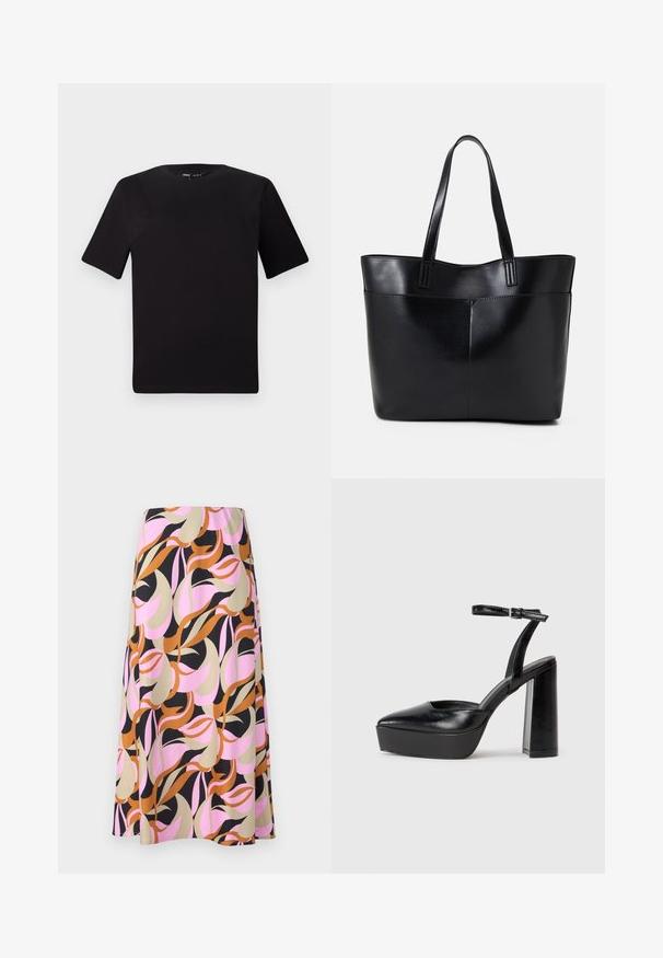 Musta lyhythihainen t-paita pyöreällä kaula-aukolla, valmistettu pehmeästä puuvillakankaasta. Yksinkertainen malli, ei näkyviä logoja tai kuvioita.; Hame satu yang menampilkan corak gelombang merah muda, krem, cokelat, dan hitam. Terbuat dari kain halus, memiliki desain mengalir dan potongan sepanjang lutut.; Mustat korkeat platform-kengät, joissa on terävä kärki ja säädettävä nilkkaremmi. Valmistettu sileästä nahasta ja varustettu paksulla lohkokorkeudella.; Musta nahkainen kassi, jossa on kaksi pitkää kahvaa, sileä pinta ja jämäkkä muoto. Sisältää etutaskun lisävarastointia varten.