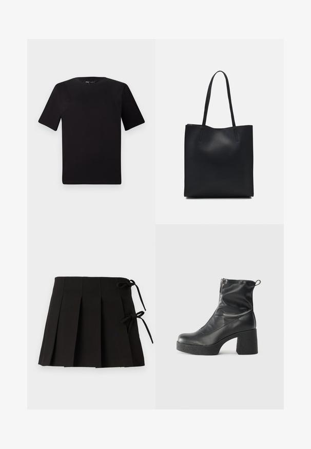 T-shirt noir à manches courtes avec un col rond, fabriqué en coton doux. Design simple, sans logos ni motifs visibles.; Jupe plissée noire avec des liens sur les côtés, fabriquée dans un tissu à la texture lisse ; elle présente un design structuré et des lignes épurées.; Bottes noires à la cheville en cuir lisse, dotées d'une fermeture éclair sur le côté, d'un talon épais texturé et d'une conception à bout rond.; Sac fourre-tout en cuir noir avec une texture lisse, de forme rectangulaire et deux longues poignées. Pas de matériel ou d'ornementations visibles.
