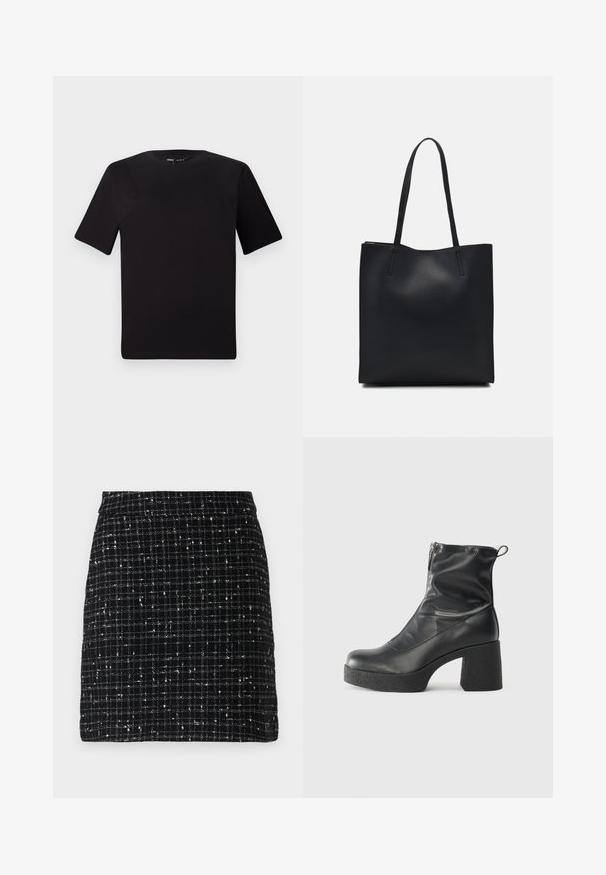 T-shirt nera a maniche corte con scollatura rotonda, realizzata in morbido cotone. Design semplice, senza loghi o motivi visibili.; Mini gonna nera in tweed con un motivo a scacchi, costituita da fili bianchi intrecciati, caratterizzata da una linea dritta e senza dettagli metallici visibili.; Stivali neri alla caviglia in pelle liscia, con zip laterale, tacco spesso e texture, e punta arrotondata.; Borsa tote in pelle nera con texture liscia, forma rettangolare e due manici lunghi. Nessun hardware o decorazione visibile.