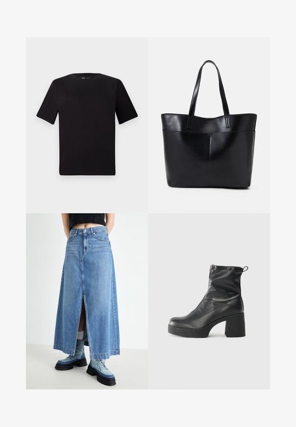 Fekete, rövid ujjú póló, kerek nyakkal, puha pamutból készült. Egyszerű dizájn, nincs látható logó vagy minta.; GAP FEATHERWEIGHT SKIRT - Farmerszoknya - light wash indigo; Fekete bokacsizmák sima bőrből, oldalsó cipzárral, vastag, texturált sarkú és lekerekített orrú dizájnnal.; Fekete bőr bevásárlótáska két hosszú fogantyúval, sima felülettel és strukturált formával. Elülső zseb található rajta a plusz tárolás érdekében.