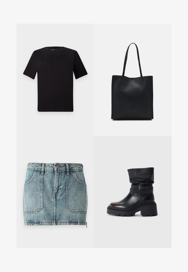 T-shirt preta de mangas curtas com decote redondo, feita de tecido de algodão suave. Design simples, sem logótipos ou padrões visíveis.; Saia mini de ganga em azul claro com design de cinco bolsos, passadores para cinto, fecho com botão de metal e costura em contraste.; Bota de tornozelo em couro preto com parte superior solta, detalhe em fivela e sola grossa e resistente. Apresenta bico redondo e textura suave.; Bolsa tote preta em couro com textura lisa, forma retangular e duas alças longas. Sem hardware ou enfeites visíveis.