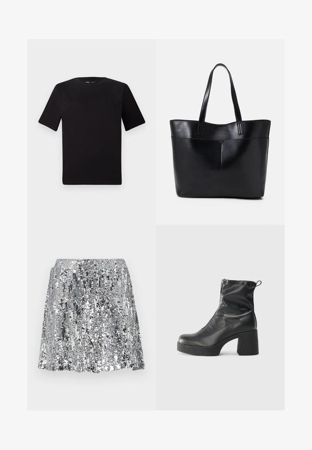 T-shirt noir à manches courtes avec un col rond, fabriqué en coton doux. Design simple, sans logos ni motifs visibles.; JJXX JXTARA SEQUIN - Minijupe - silver; Bottes noires à la cheville en cuir lisse, dotées d'une fermeture éclair sur le côté, d'un talon épais texturé et d'une conception à bout rond.; Sac fourre-tout en cuir noir avec deux longues poignées, une texture lisse et une forme structurée. Dispose d'une poche avant pour un rangement supplémentaire.