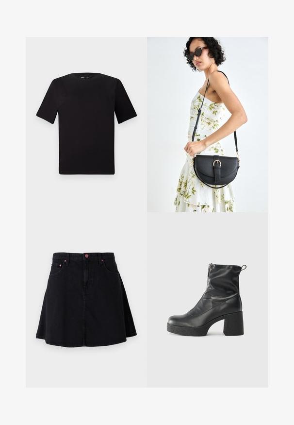 T-shirt nera a maniche corte con scollatura rotonda, realizzata in morbido cotone. Design semplice, senza loghi o motivi visibili.; Gonna di jeans neri con design svasato, dotata di tasche frontali e dettagli in hardware rosa sui bordi della vita e delle tasche.; Stivali neri alla caviglia in pelle liscia, con zip laterale, tacco spesso e texture, e punta arrotondata.; Borsa a tracolla nera in pelle con una forma curva, manico rimovibile e accessori dorati. La borsa presenta una patta con un dettaglio a fibbia.