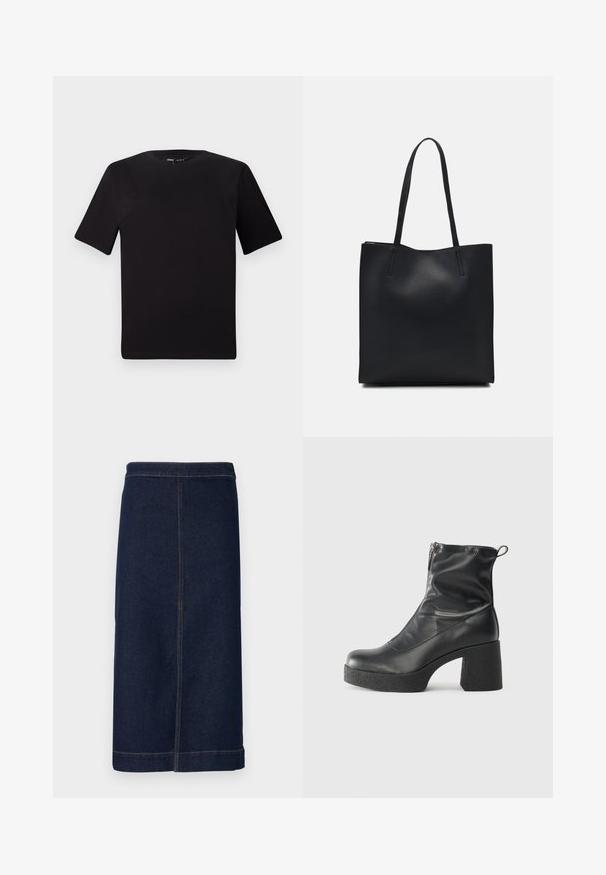 Musta lyhythihainen t-paita pyöreällä kaula-aukolla, valmistettu pehmeästä puuvillakankaasta. Yksinkertainen malli, ei näkyviä logoja tai kuvioita.; Tummansininen farkku-midi-hame, jossa on suora leikkaus, hienovarainen ommelkoristelu ja siisti helma.; Mustat nilkkurit, jotka on valmistettu sileästä nahasta. Niissä on sivuvetoketju, paksu teksturoitu korko ja pyöristetty kärki.; Mustapahkainen kangaskassi, jossa on sileä pinta, suorakaiteen muotoinen ja kaksi pitkää kahvaa. Ei näkyvää metalliosaa tai koristeita.