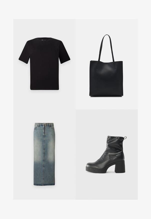 Schwarzes T-Shirt mit kurzen Ärmeln und Rundhalsausschnitt, aus weichem Baumwollmaterial gefertigt. Schlichtes Design, keine sichtbaren Logos oder Muster.; Denim-Midi-Rock in Hellblau mit einem verblassten Finish. Verfügt über einen frontalen Reißverschluss und Knopfverschluss, geraden Schnitt und minimale Stickdetails.; Schwarze Stiefeletten aus glattem Leder mit seitlichem Reißverschluss, klobigem strukturiertem Absatz und runder Zehenform.; Schwarze Laptoptasche aus Leder mit glatter Textur, rechteckiger Form und zwei langen Griffen. Keine sichtbaren Beschläge oder Verzierungen.