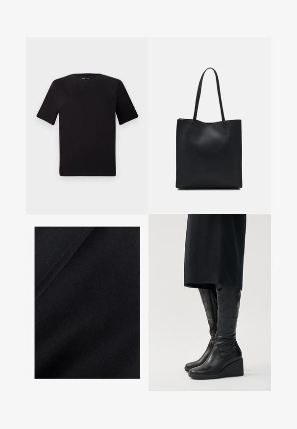 Svart kortärmad t-shirt med rund halsringning, tillverkad i mjukt bomullstyg. Enkelt mönster, utan synliga logotyper eller mönster.; Svart tyg med en slät yta, som har subtila variationer i glans och en lätt sträckning, perfekt för kläder eller möbeltyger.; Svart läderknähöga stövlar med kilklack, med en slät yta och en siddragkedja. Designade med en slank, åtsittande silhuett.; Svart lädertoffelväska med slät textur, rektangulär form och två långa handtag. Ingen synlig hårdvara eller dekorationer.