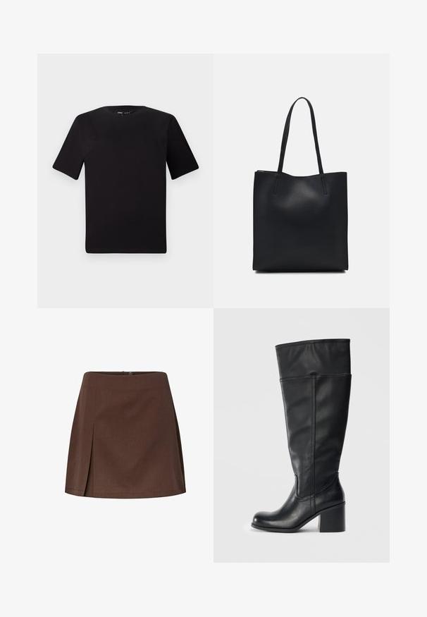 Camiseta negra de manga corta con cuello redondo, fabricada en suave algodón. Diseño simple, sin logos ni patrones visibles.; Falda A-line marrón fabricada en tejido texturizado, con un solo pliegue frontal y cierre de botón en la parte posterior.; Botas de cuero negras hasta la rodilla con tacón cuadrado, textura suave y detalle de costura a lo largo de los lados. Diseño simple y moderno.; Bolso tote de cuero negro con textura lisa, forma rectangular y dos asas largas. Sin herrajes ni adornos visibles.