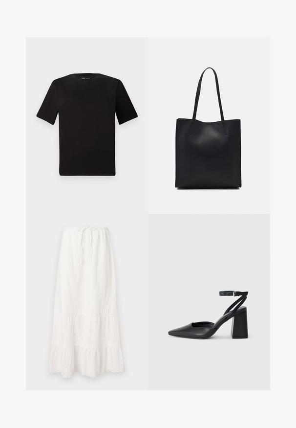 Black short-sleeve t-shirt with a round neckline, crafted from soft cotton fabric. Simple design, no visible logos or patterns.; Long white cotton skirt with an elastic waistband and adjustable drawstring. Features tiered layers with delicate lace trim at the hem.; Black leather pointy-toe pump with an ankle strap and a chunky heel. Flat texture, sleek design, and minimalistic aesthetics.; Black leather tote bag with smooth texture, rectangular shape, and two long handles. No visible hardware or embellishments.