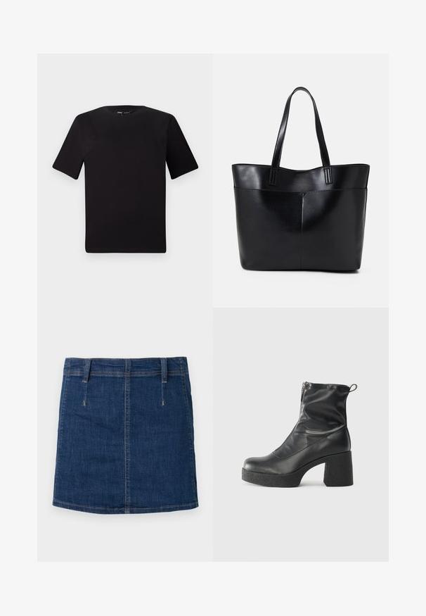 Tricou scurt negru cu mânecă scurtă și guler rotund, realizat dintr-un material de bumbac moale. Design simplu, fără logo-uri sau modele vizibile.; Fustă din denim albastru închis cu un design ajustat, buzunare frontale și detalii de cusătură vizibile. Prezintă un tiv drept și bucle pentru curea.; Bocanci negri de glezna din piele netedă, cu fermoar lateral, toc texturat și masiv, și design cu vârf rotund.; Geantă oversized din piele neagră, cu două mânere lungi, de textură netedă și formă structurată. Are un buzunar frontal pentru stocare suplimentară.