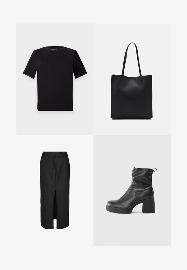 Must olema lühikeste varrukatega must t-särk ümmarguse kaelusega, valmistatud pehmest puuvillast kangast. Lihtne disain, ilma nähtavate logode või mustriteta.; Musthave mustriba mustriba, millel on esi lõhik, on valmistatud kerge kangaga. Omab klassikalist vööd ja peeneid külge taskuid.; Mustad mustad ansapüksid, mis on valmistatud siledast nahast, külje zipperiga, paksu tekstuuriga kontsaga ja ümmarguse nina disainiga.; Mustast nahast kott sujuva tekstuuriga, ristkülikukujuline ja kahe pika sangaga. Pole nähtavat riistvara ega kaunistusi.