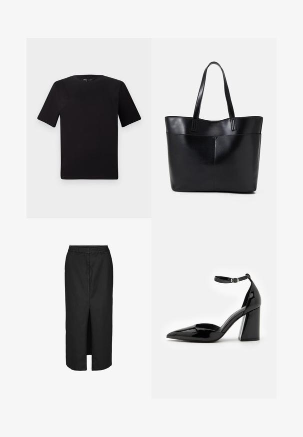 T-shirt nera a maniche corte con scollatura rotonda, realizzata in morbido cotone. Design semplice, senza loghi o motivi visibili.; Gonna midi nera con spacco frontale, realizzata in un tessuto leggero. Caratterizzata da una vita classica e discrete tasche laterali.; Scarpa con tacco alto in pelle verniciata nera, punta affusolata, cinturino alla caviglia e tacco largo per maggiore stabilità, caratterizzata da una superficie liscia e lucida.; Borsa a tracolla in pelle nera con due manici lunghi, una texture liscia e una forma strutturata. Presenta una tasca frontale per ulteriore spazio di archiviazione.