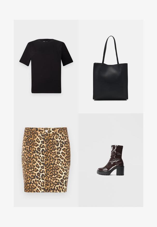 Svart t-skjorte med korte ermer og rund hals, laget av mykt bomullsstoff. Enkelt design, ingen synlige logoer eller mønstre.; Denim miniskjørt med leopardmønster i brune og beige toner, med frontknapp og to sidelommer.; Glinsende burgunder ankelstøvel med en kraftig svart hæl, med en glatt tekstur og enkelt design. Ingen synlige lukkinger eller mønstre.; Svart lær tote bag med glatt tekstur, rektangulær form og to lange håndtak. Ingen synlige deler eller dekorasjoner.