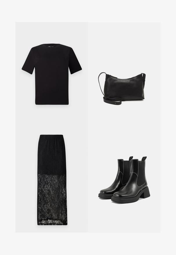 Musta lyhythihainen t-paita pyöreällä kaula-aukolla, valmistettu pehmeästä puuvillakankaasta. Yksinkertainen malli, ei näkyviä logoja tai kuvioita.; Selected Femme SLFMISTA ANKLE SKIRT - Maksihame - black; Mustat nahkaiset Chelsea-kengät paksulla korolla, joustavilla sivupaneeleilla ja kontrastilla valkoisella ompelulla. Teksturoitu pinta.; Musta nahkainen olkalaukku, jossa on sileä pinta, kaareva muoto, säädettävä hihna ja vetoketjukiinnitys. Minimalistinen muotoilu ilman koristeita.
