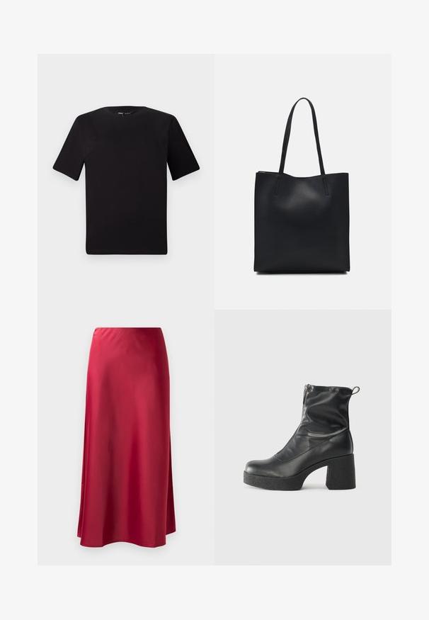Camiseta negra de manga corta con cuello redondo, fabricada en suave algodón. Diseño simple, sin logos ni patrones visibles.; Falda larga de satén rojo con una textura suave, forma ligeramente acampanada y apertura lateral para facilitar el movimiento. Sin hardware ni embellishments visibles.; Botines negros de tobillo, hechos de cuero suave, con cierre lateral, tacón grueso texturizado y diseño de punta redondeada.; Bolso tote de cuero negro con textura lisa, forma rectangular y dos asas largas. Sin herrajes ni adornos visibles.