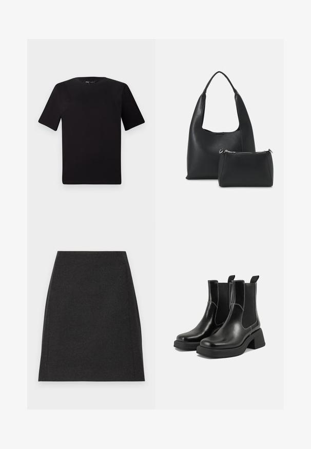Fekete, rövid ujjú póló, kerek nyakkal, puha pamutból készült. Egyszerű dizájn, nincs látható logó vagy minta.; Fekete gyapjú miniszoknya egyenes vonalvezetéssel, sima textúrával és diszkrét oldalsó varrásokkal. Nincsenek látható záródások vagy minták.; Fekete bőr Chelsea csizmák masszív sarkakkal, rugalmas oldalsó panelekkel és kontrasztos fehér varrással. Texturált felület.; Even&Odd Kézitáska - black